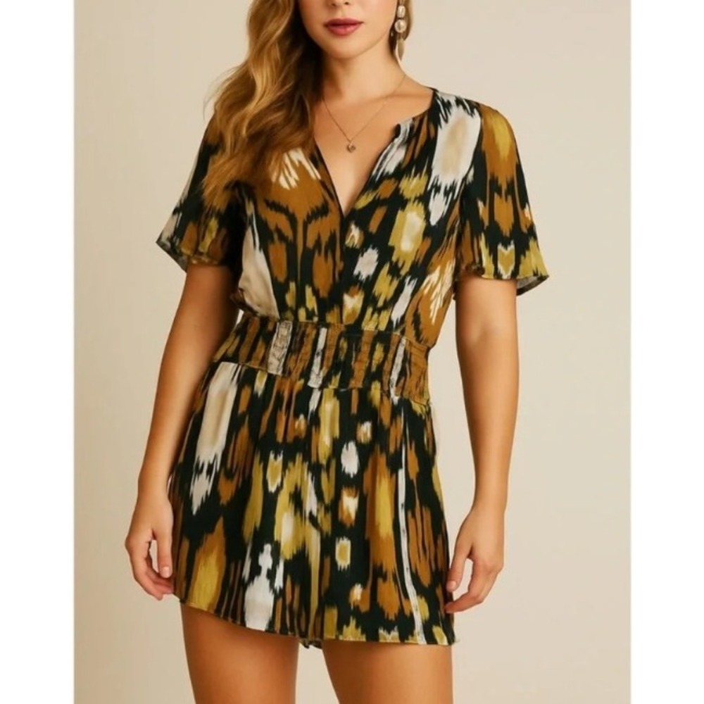 NEW Anthropologie Ikat Print Smocked Romper Boho Festival Earthy Tribal Size M